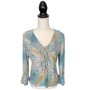 New York Design Company Teal Ruffled Long Sleeve Sheer Blouse in Size Large